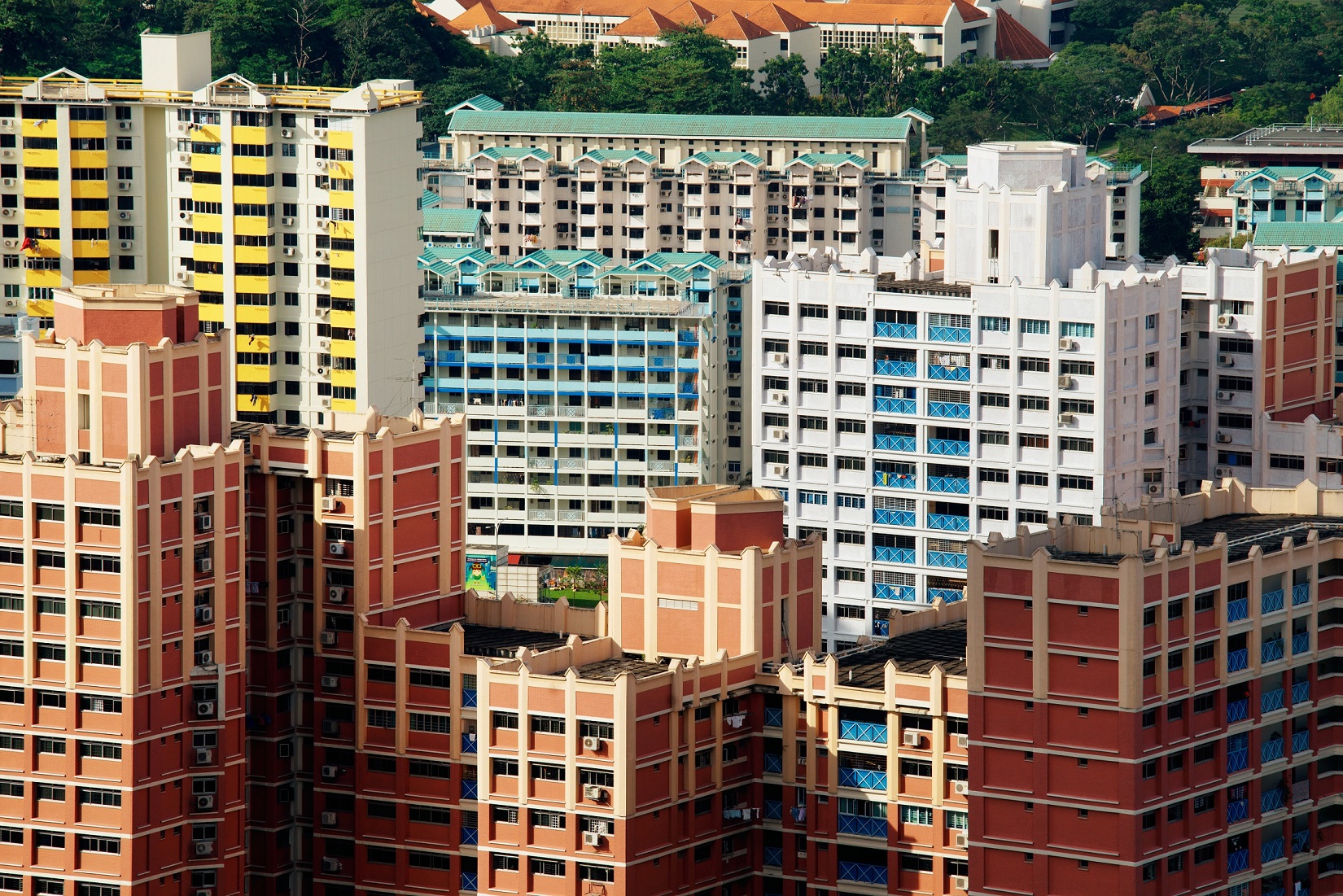 Aerial view of colourful Housing and Development Board buildings